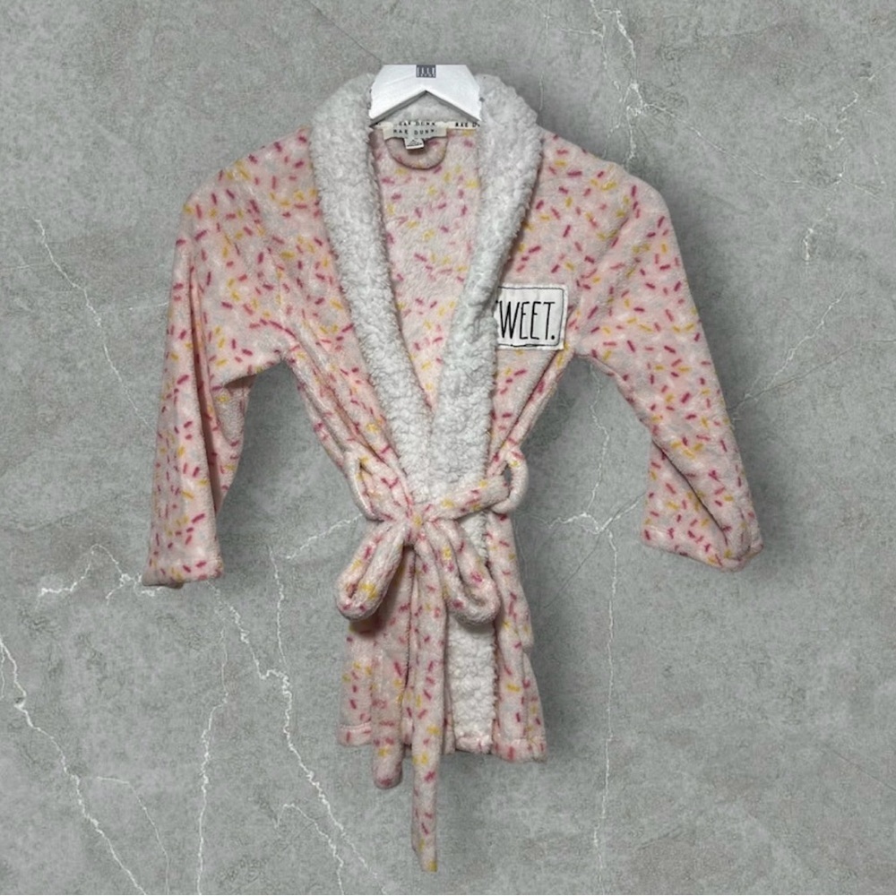 Rae Dunn Kids Girls Sprinkle Print Plush Robe Size S 5/6 Pink White Sweet